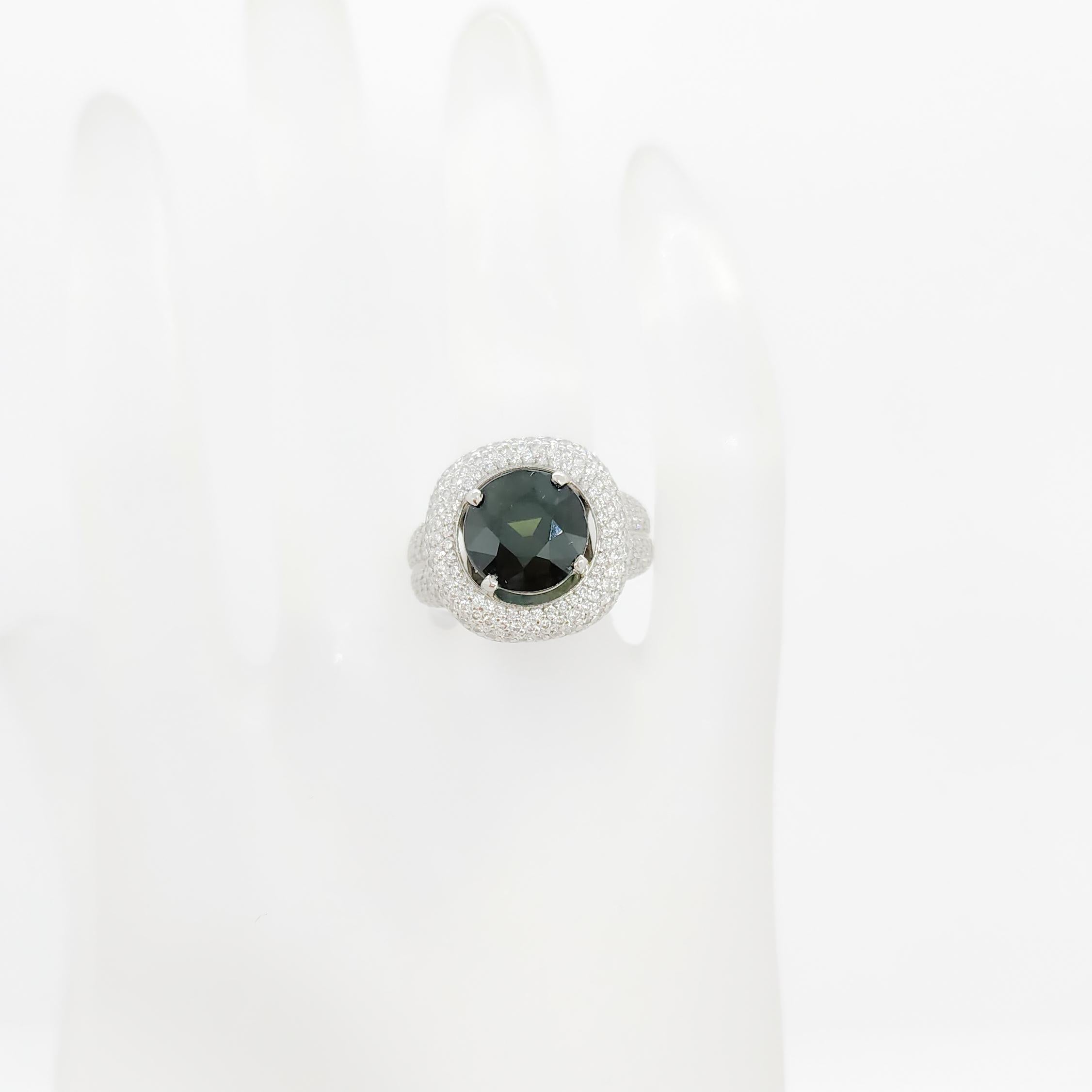 GIA Unheated Greenish Blue Sapphire and White Diamond Cocktail Ring in Platinum For Sale 2