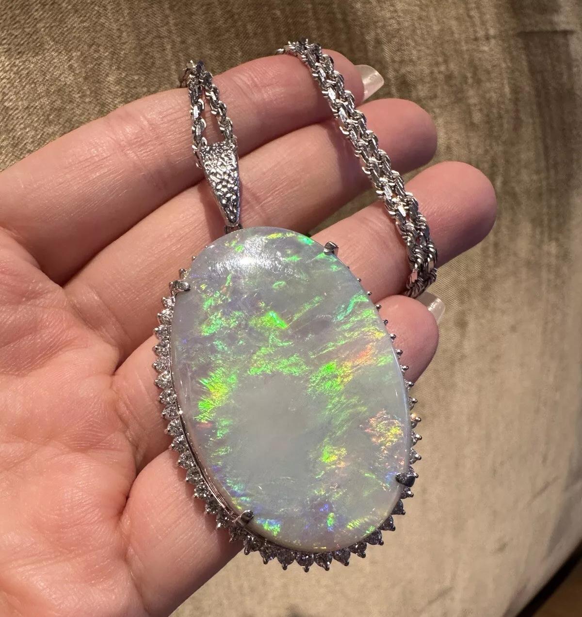 Oval Cut GIA Grey Opal 59.90 carat with Diamond Halo Pendant in Platinum /18k White Gold For Sale