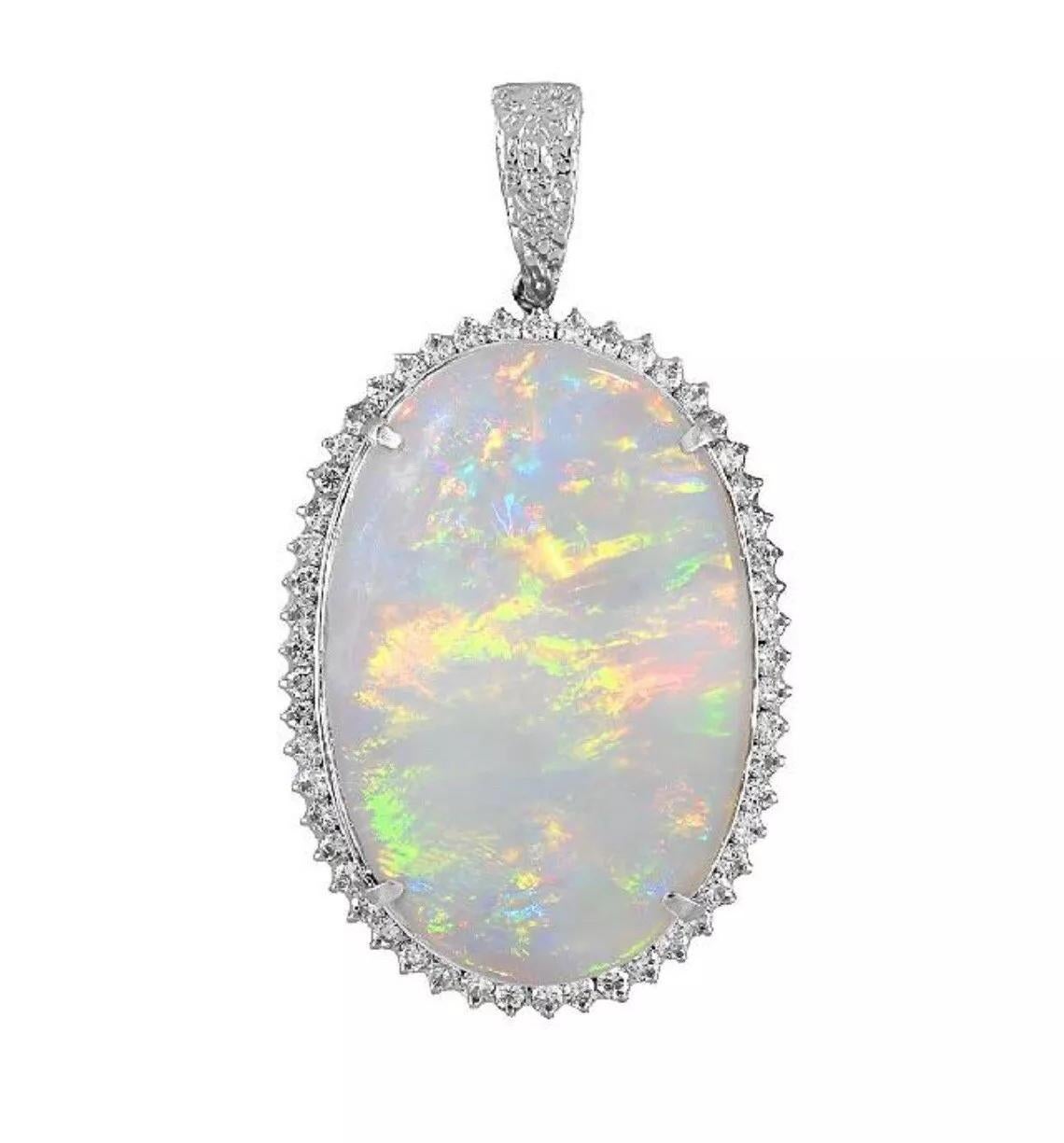 Women's GIA Grey Opal 59.90 carat with Diamond Halo Pendant in Platinum /18k White Gold For Sale
