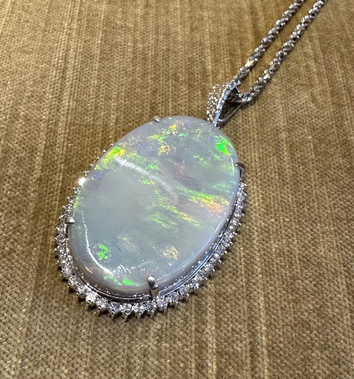 GIA Grey Opal 59.90 carat with Diamond Halo Pendant in Platinum /18k White Gold For Sale 1