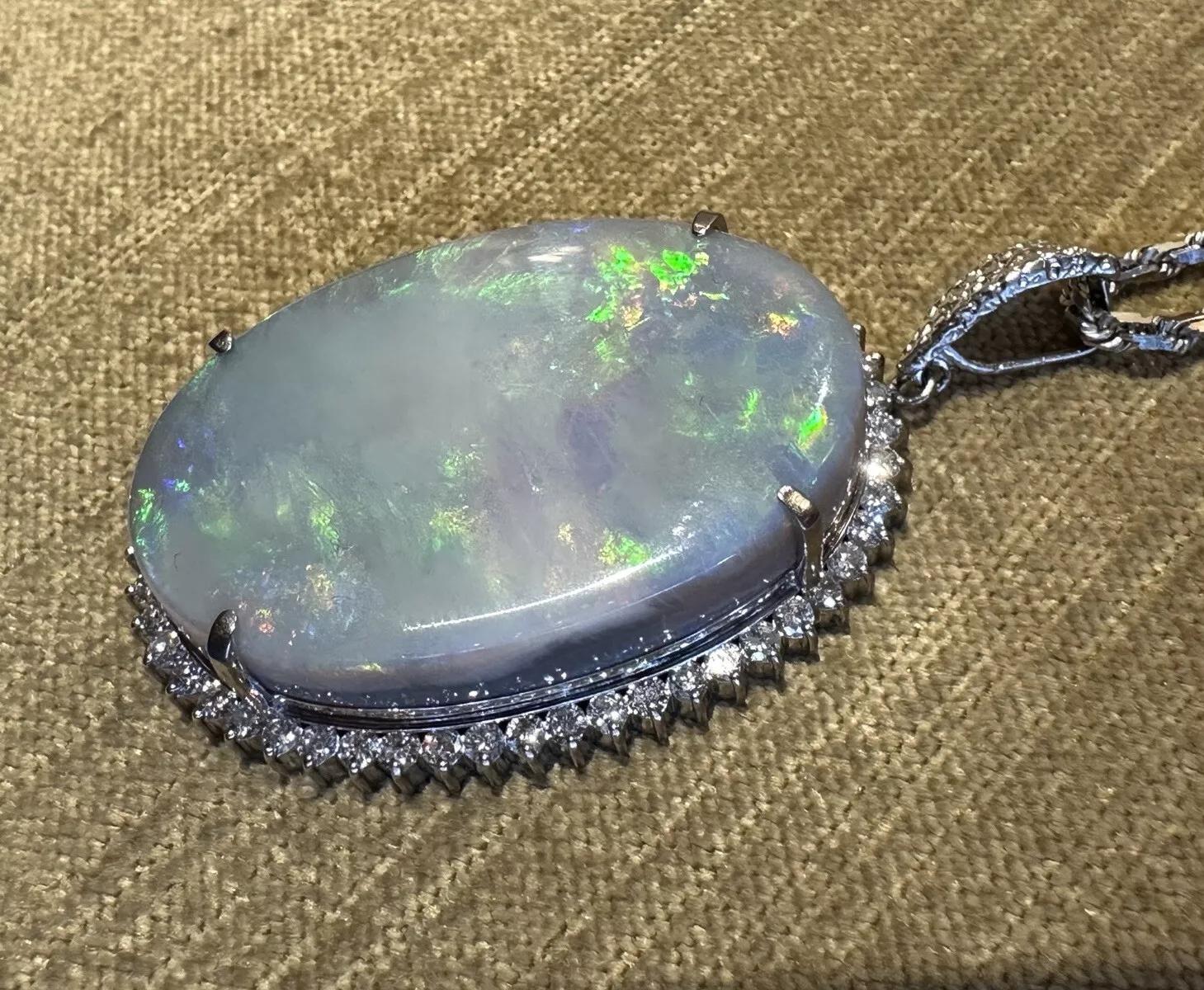 GIA Grey Opal 59.90 carat with Diamond Halo Pendant in Platinum /18k White Gold For Sale 2