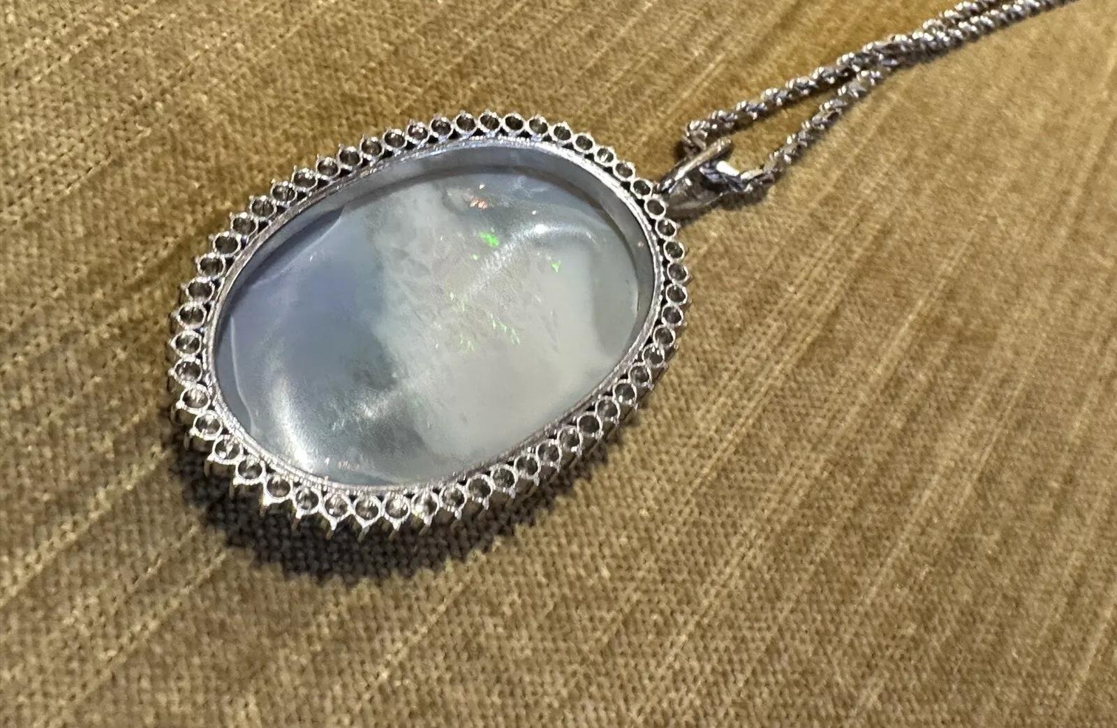 GIA Grey Opal 59.90 carat with Diamond Halo Pendant in Platinum /18k White Gold For Sale 3