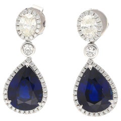 GIA & GRS Certified 10 Carat Blue Sapphire & Diamond 18k White Gold Drop Earring