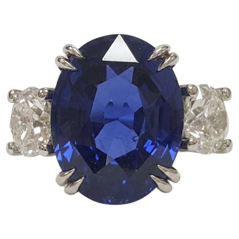 GIA & GRS Certified 10 Carat Sapphire and Diamond Three-Stone Platinum Ring