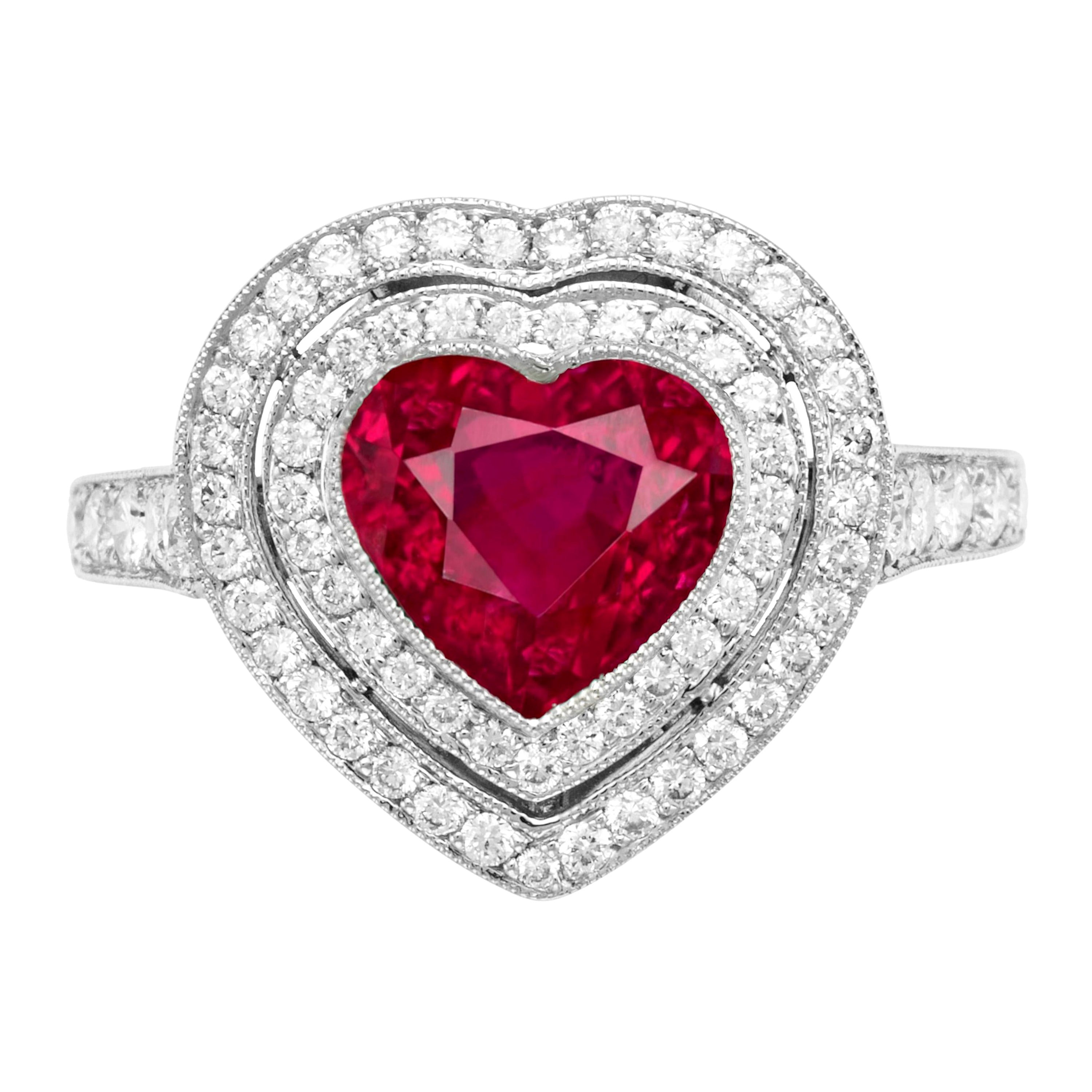 GIA GRS Certified 3 Carat Heart Shape Vivid Red Ruby Diamond Ring For Sale