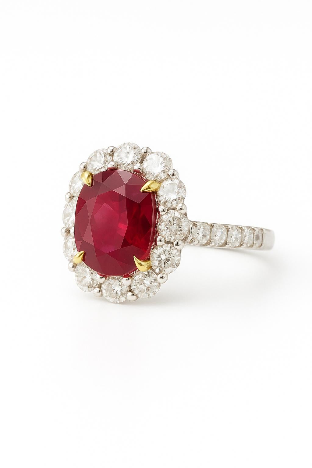 This exquisite ring features a GIA & GRS certified 3.02 carat natural ruby of Mozambique origin, displaying a vivid to deep red hue with no indications of heating. The ruby is elegantly cut in an oval shape, with brilliant and step-cut facets that