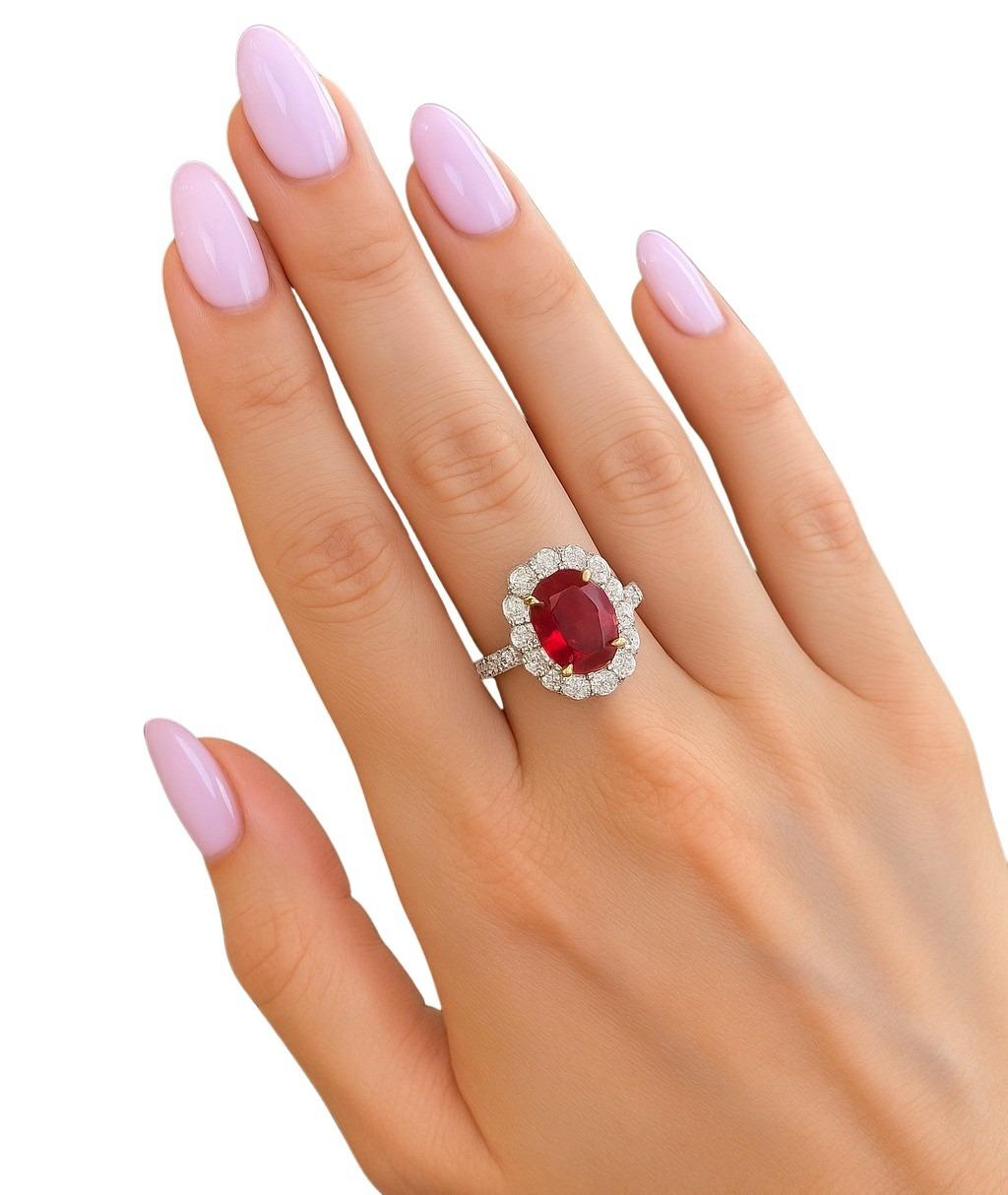 Contemporaneo GIA & GRS Certified 3.02 Carat No-Heat Ruby and Diamond Halo Ring in vendita