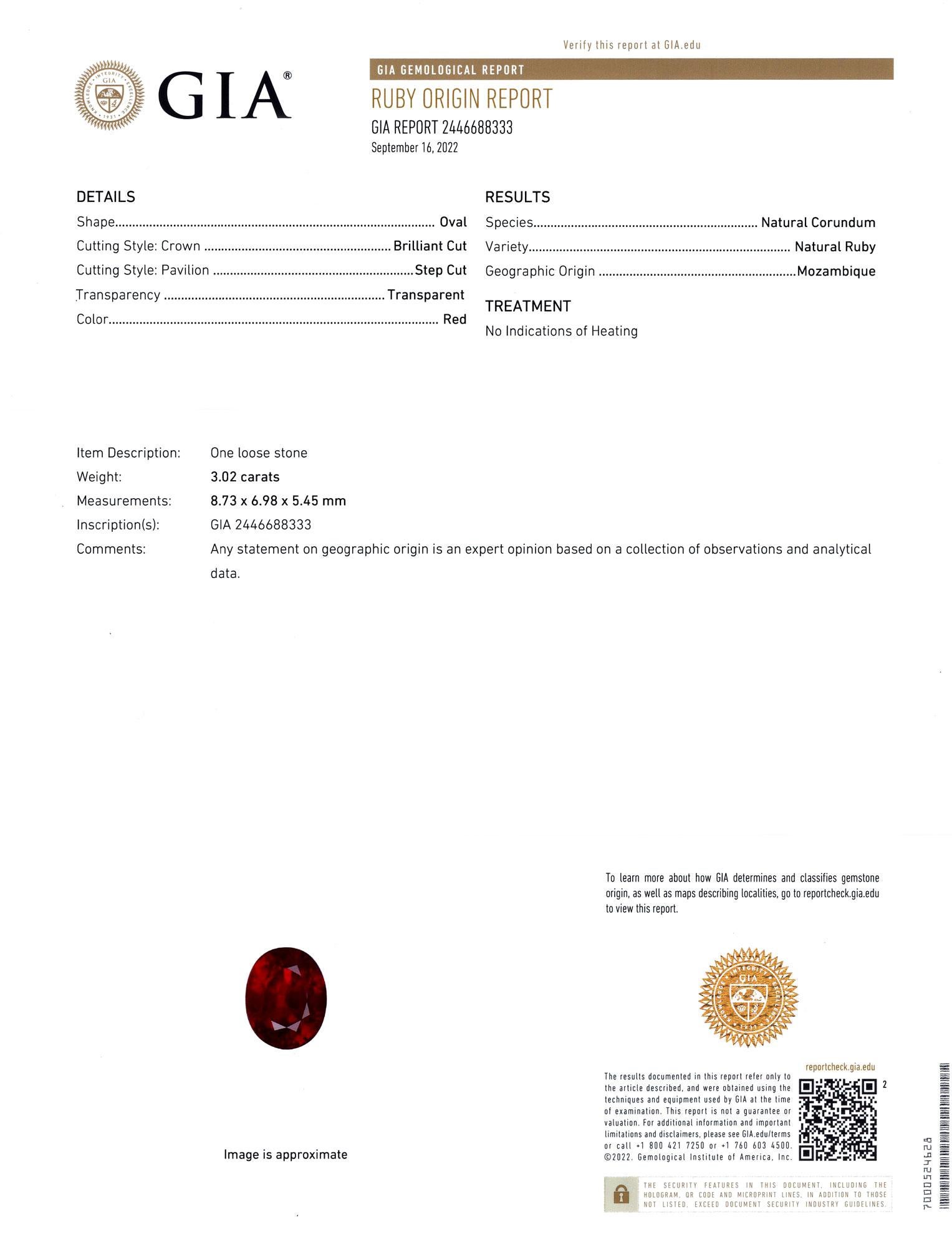 Taglio ovale GIA & GRS Certified 3.02 Carat No-Heat Ruby and Diamond Halo Ring in vendita