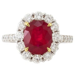 GIA & GRS Certified 3.02 Carat No-Heat Ruby and Diamond Halo Ring