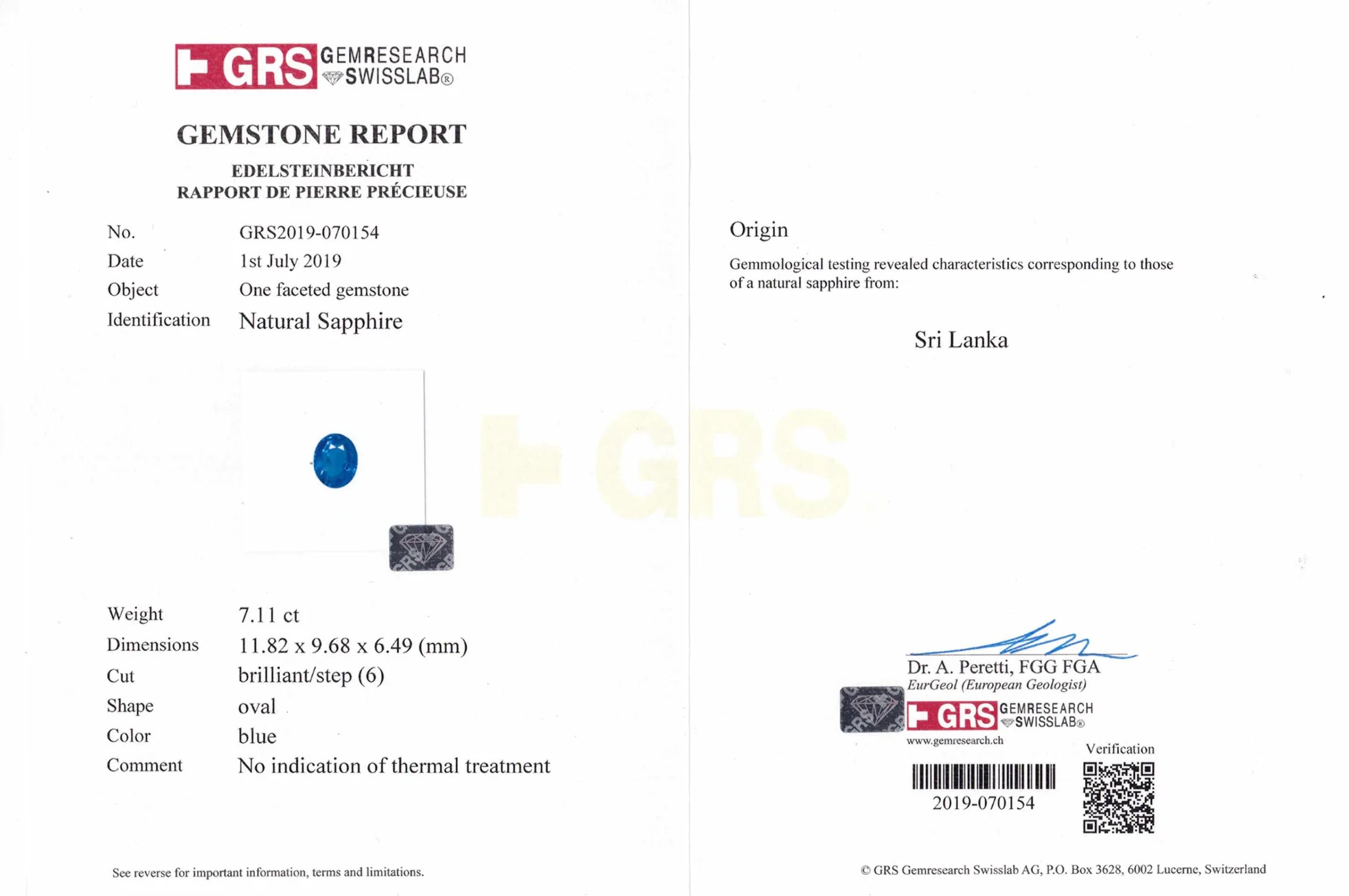 Bague avec saphir bleu ovale certifié GIA GRS de 7 carats et diamant ovale Neuf - En vente à Rome, IT