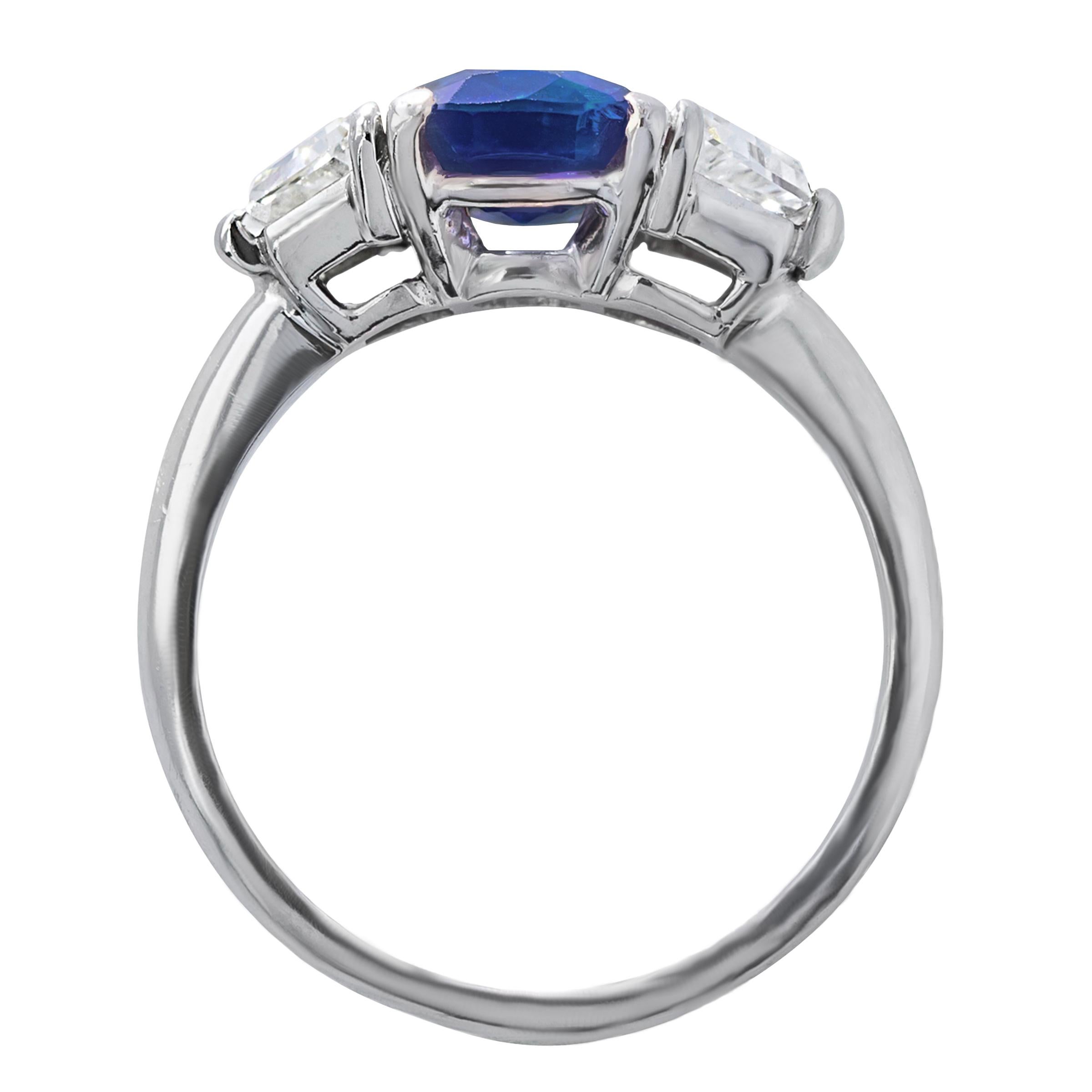An exquisite 4 carat oval cut certified Ceylon Cornflower Blue Sapphire without any treatment is NO HEAT  set in a custom made platinum ring with .80 carats of white side diamonds.

Certified by GRS Lab of Switzerland and GIA.

Currently a size 6,