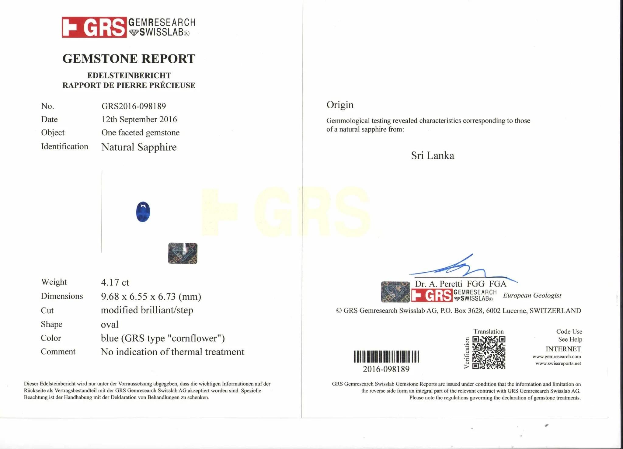 Oval Cut GIA GRS Switzerland Certified Oval Blue No Heat Ceylon Diamond Ring For Sale