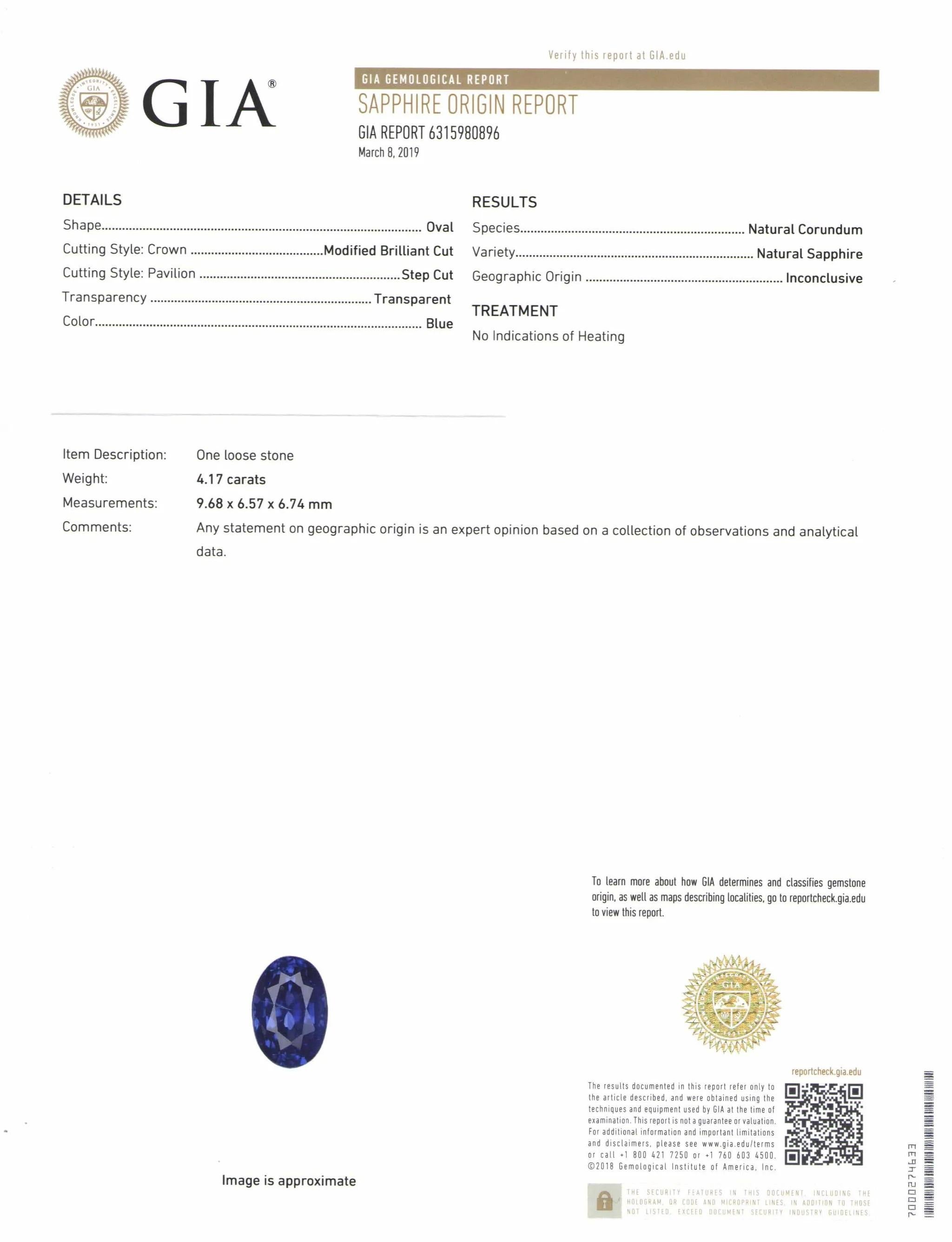 GIA GRS Switzerland Certified Oval Blue No Heat Ceylon Diamond Ring For Sale 1