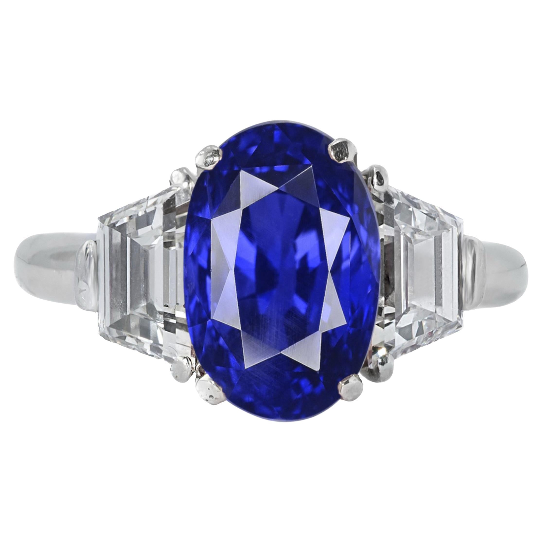 GIA GRS Switzerland Certified Oval Blue No Heat Ceylon Diamond Ring For Sale