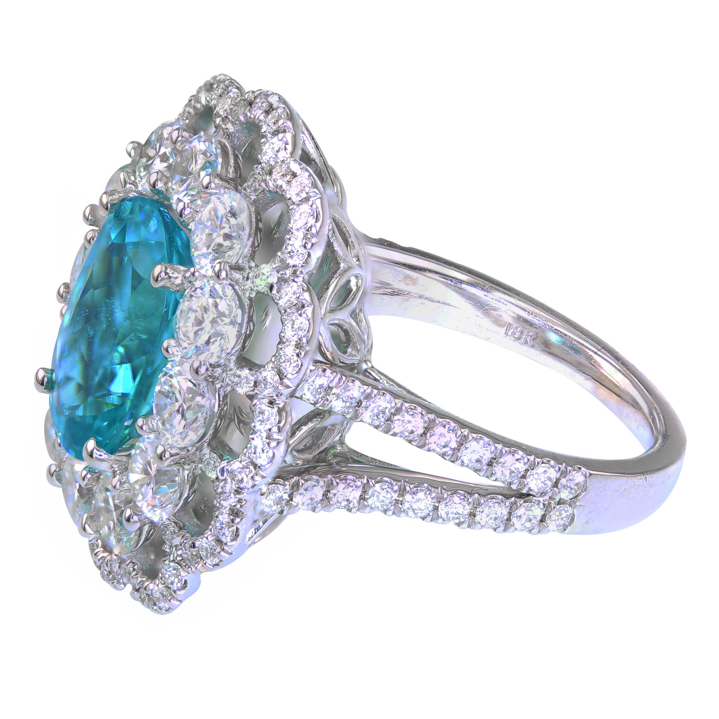 Modern GIA, Gubelin & GRS Certified 3.16 Carat Floral Brazilian Paraiba Tourmaline Ring For Sale