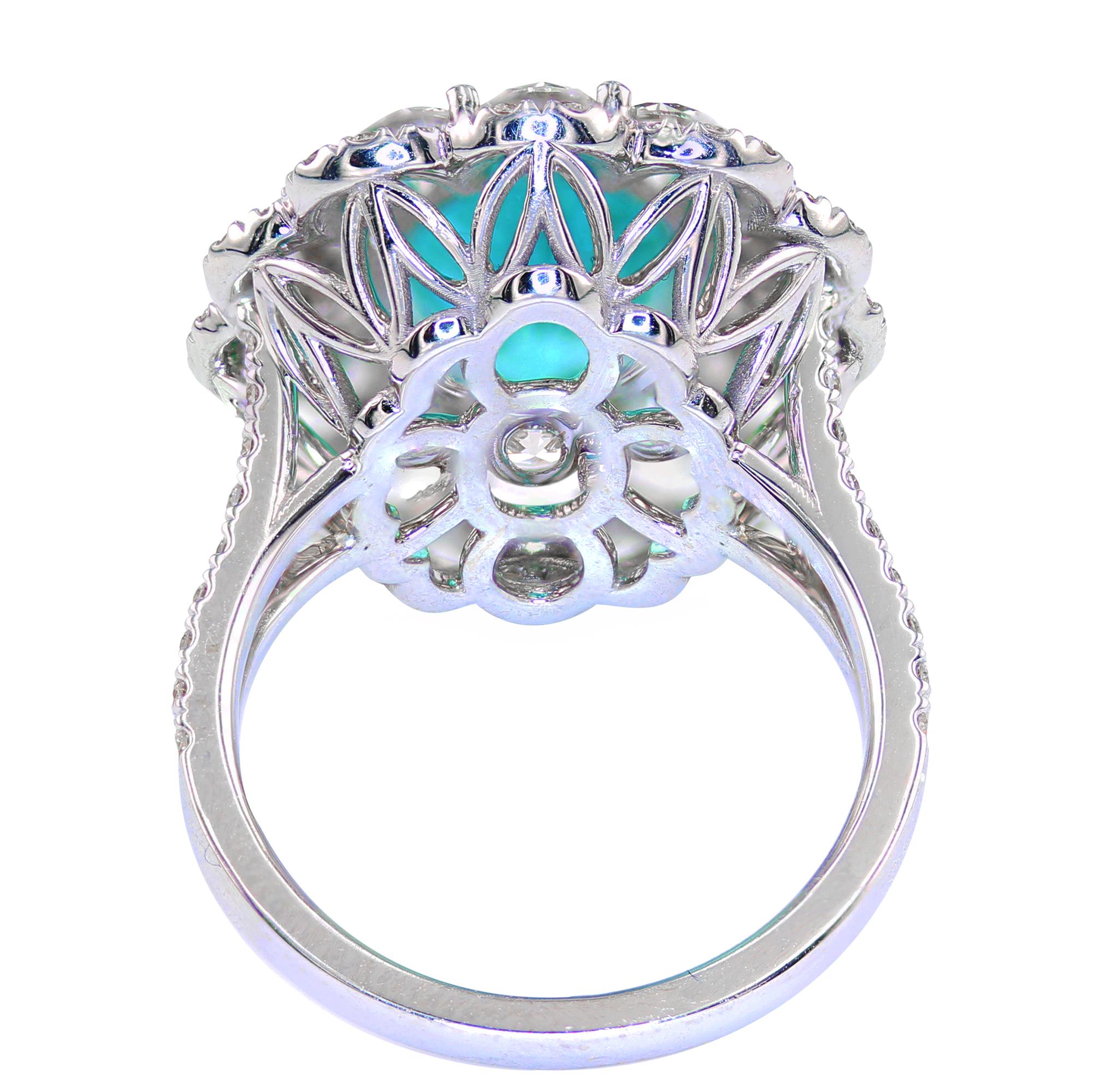 GIA, Gubelin & GRS Certified 3.16 Carat Floral Brazilian Paraiba Tourmaline Ring In New Condition For Sale In New York, NY
