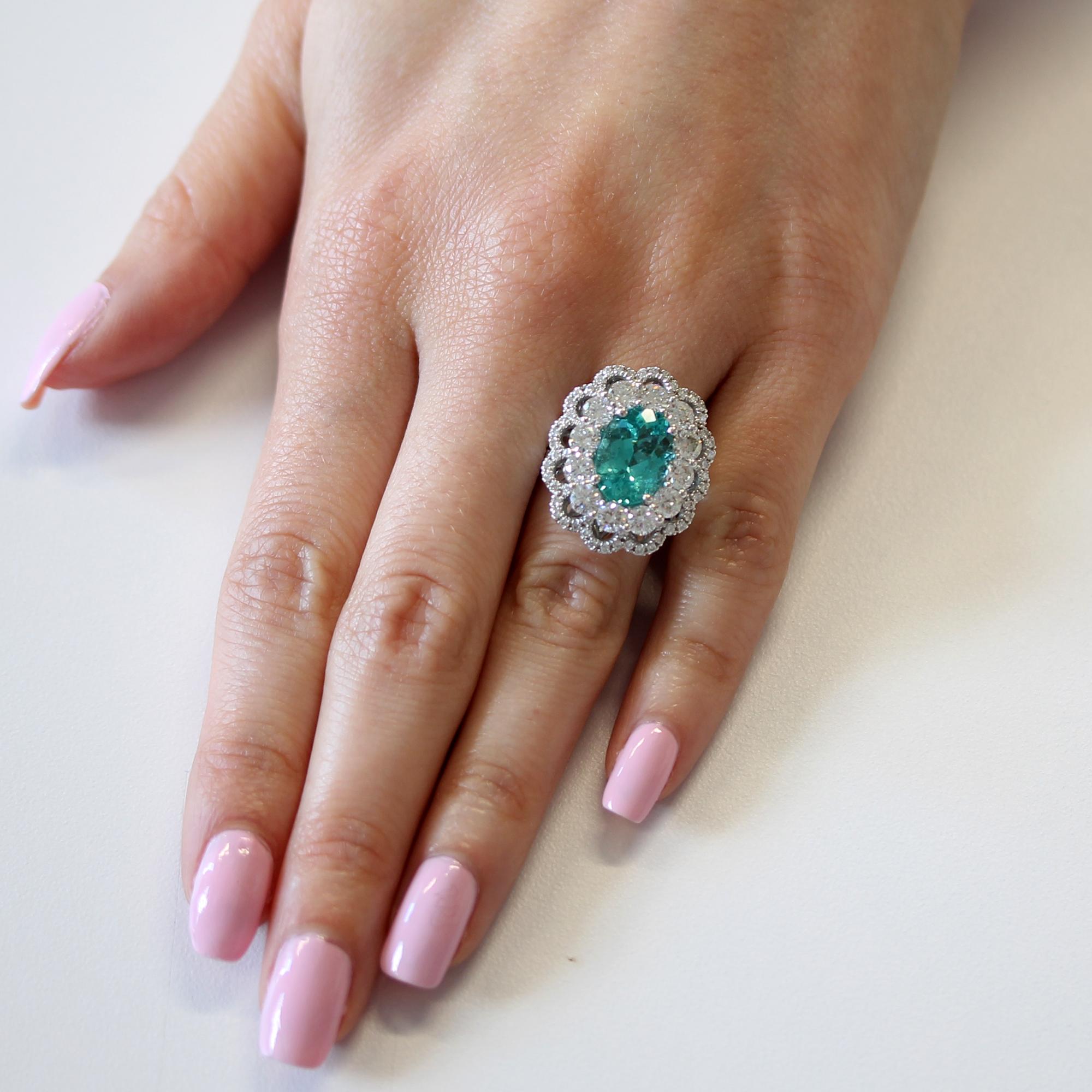 GIA, Gubelin & GRS Certified 3.16 Carat Floral Brazilian Paraiba Tourmaline Ring For Sale 1