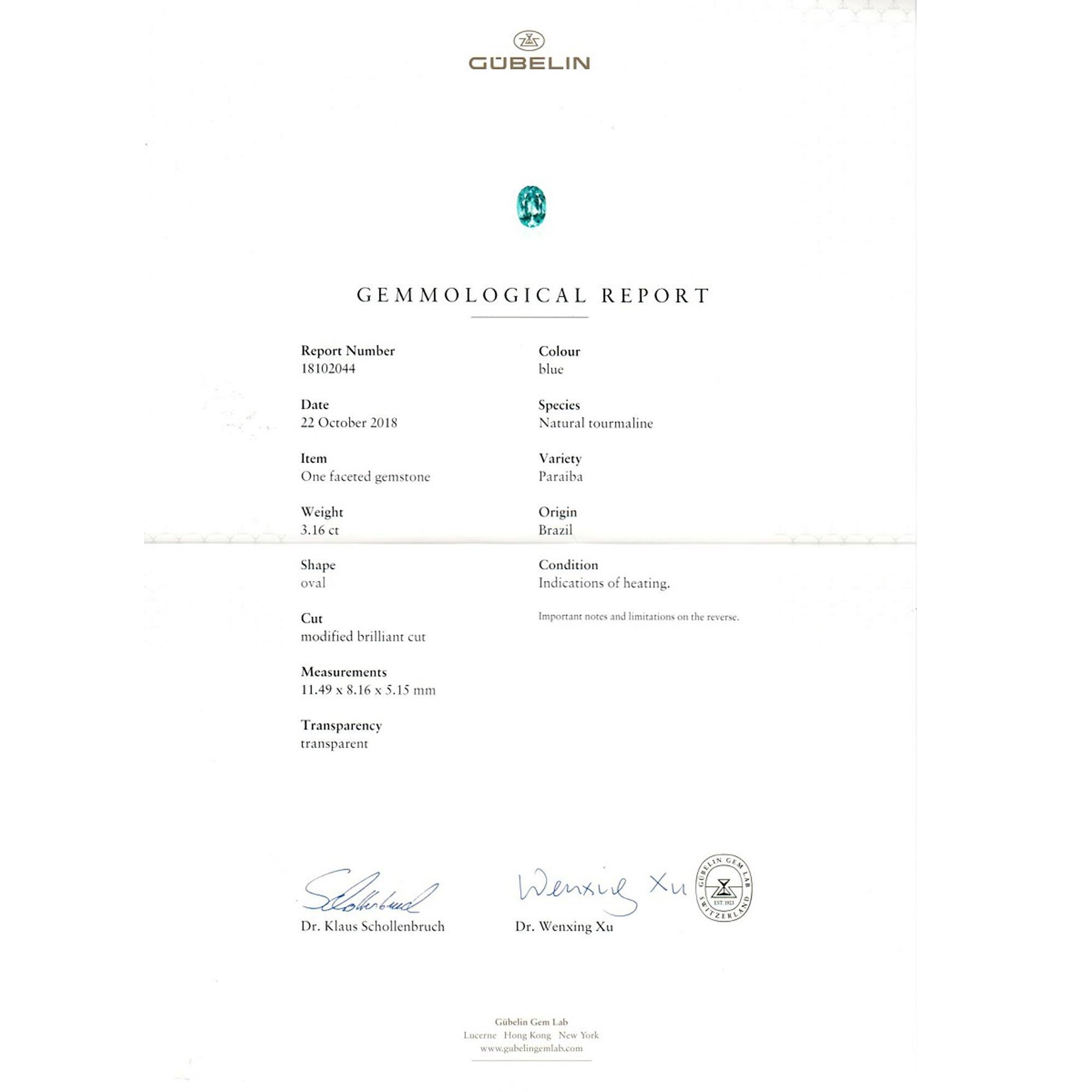 GIA, Gubelin & GRS Certified 3.16 Carat Floral Brazilian Paraiba Tourmaline Ring For Sale 3
