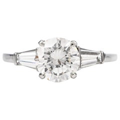 GIA H-VS2 Center 1.37 Carat Diamond and Baguette Platinum Engagement Ring Vintage GIA H-VS2 Center 1.37 Carat Diamond and Baguette Platinum Engagement Ring