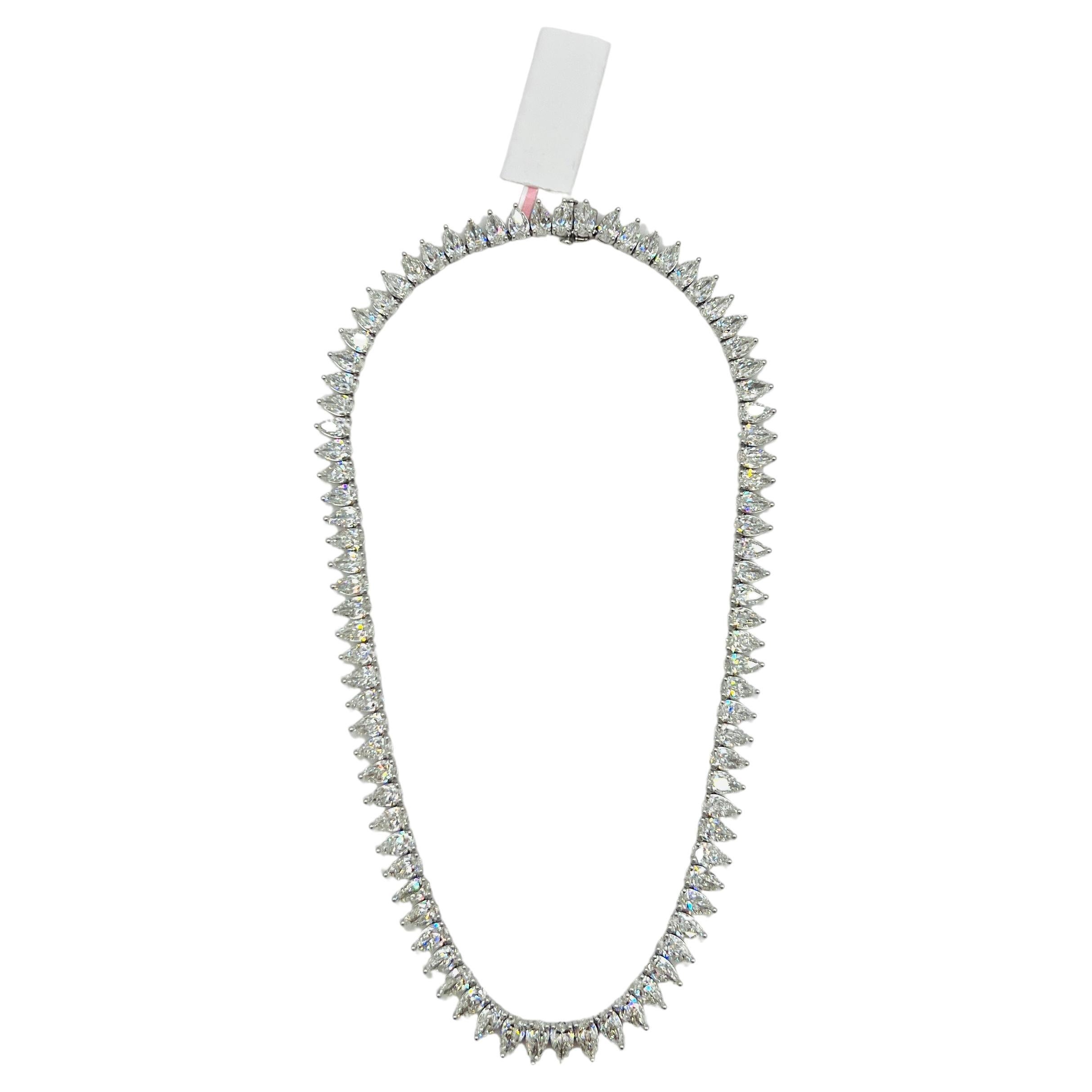 GIA Half Carat Each Pear Shape Diamond Tennis Necklace in 18K White Gold