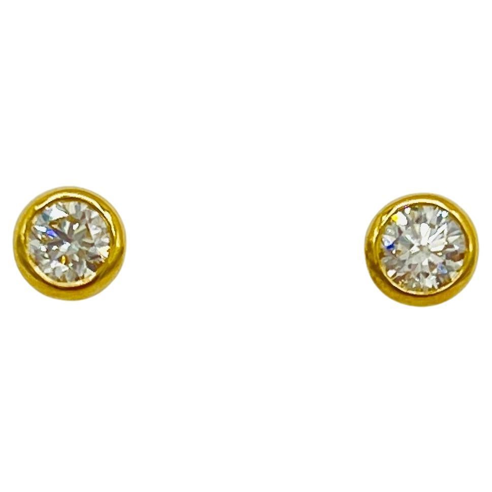 GIA Half Carat Each White Diamond Round Bezel Stud Earrings in 18K Yellow Gold