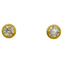 GIA Half Carat Each White Diamond Round Bezel Stud Earrings in 18K Yellow Gold