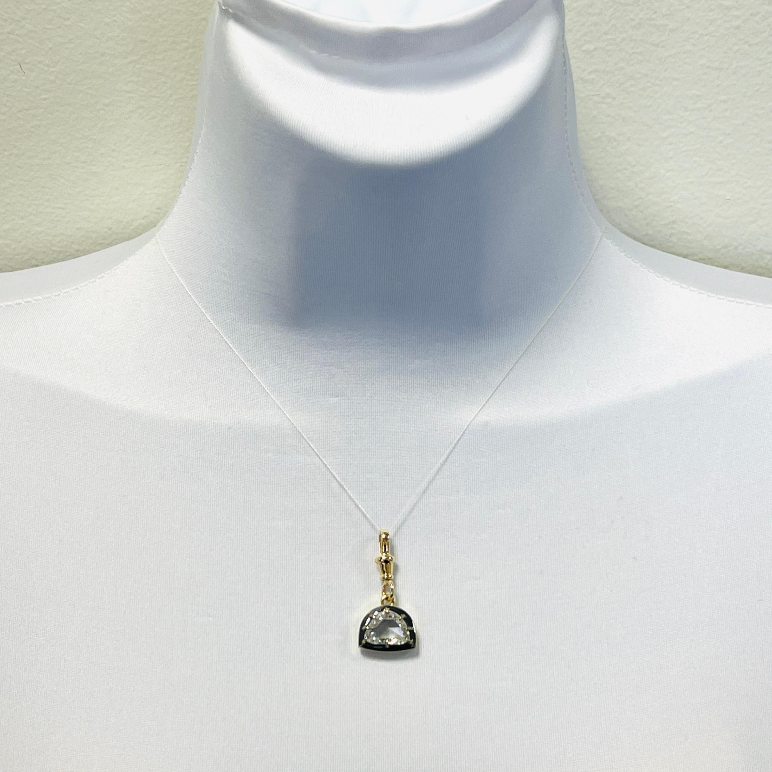 GIA Half Moon Diamond Rose Cut Charm Pendant in 18K Yellow Gold & Black Rhodium In New Condition For Sale In Los Angeles, CA