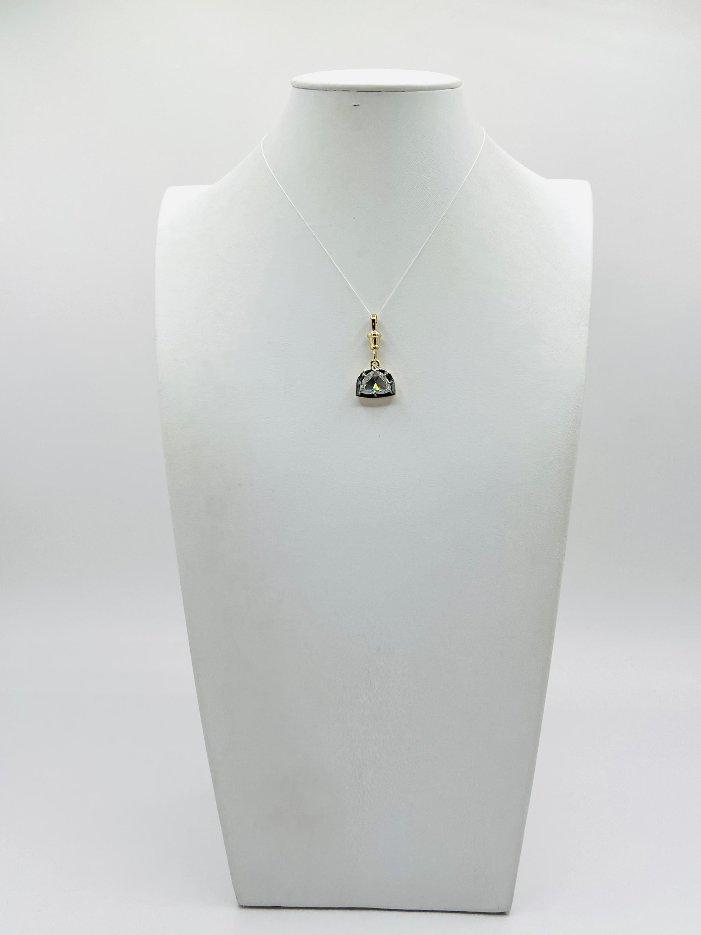 Women's or Men's GIA Half Moon Diamond Rose Cut Charm Pendant in 18K Yellow Gold & Black Rhodium For Sale