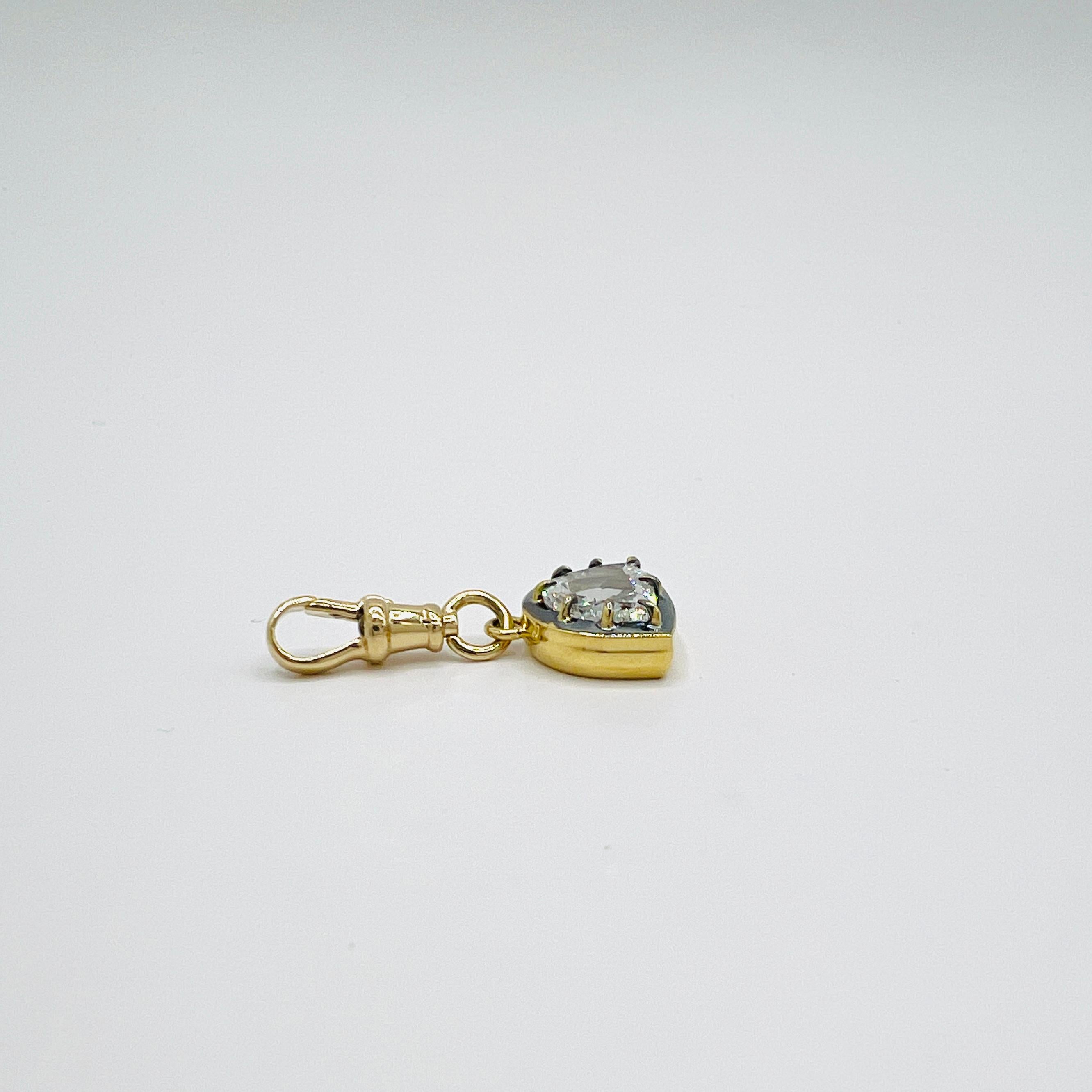 GIA Half Moon Diamond Rose Cut Charm Pendant in 18K Yellow Gold & Black Rhodium For Sale 1