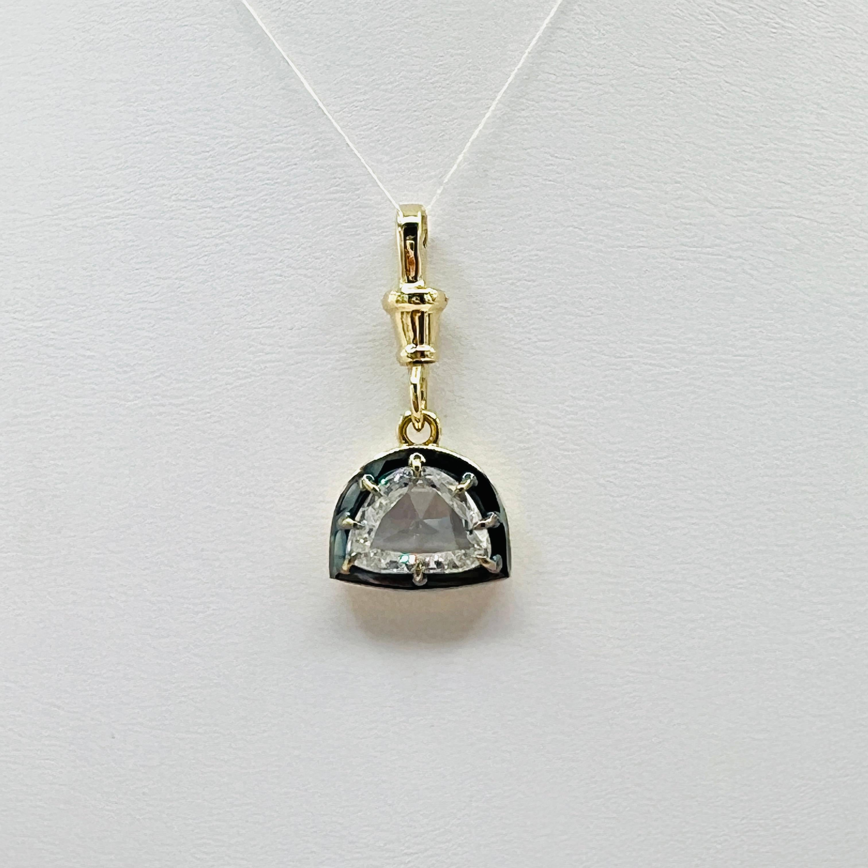 GIA Half Moon Diamond Rose Cut Charm Pendant in 18K Yellow Gold & Black Rhodium For Sale 2