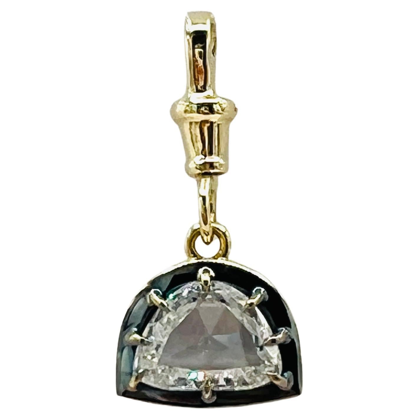 GIA Half Moon Diamond Rose Cut Charm Pendant in 18K Yellow Gold & Black Rhodium For Sale