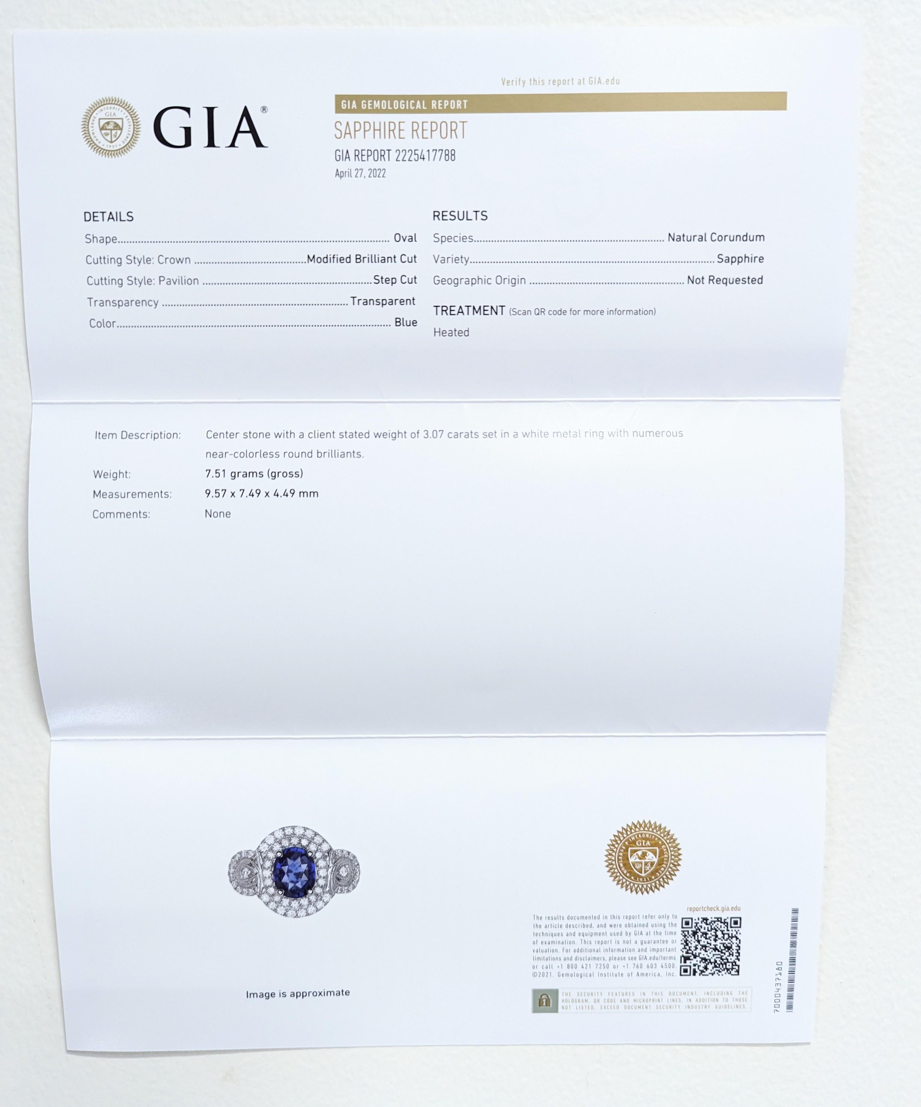 GIA Heated Blue Sapphire Oval and White Diamond Cocktail Ring in 18K White Gold For Sale 3
