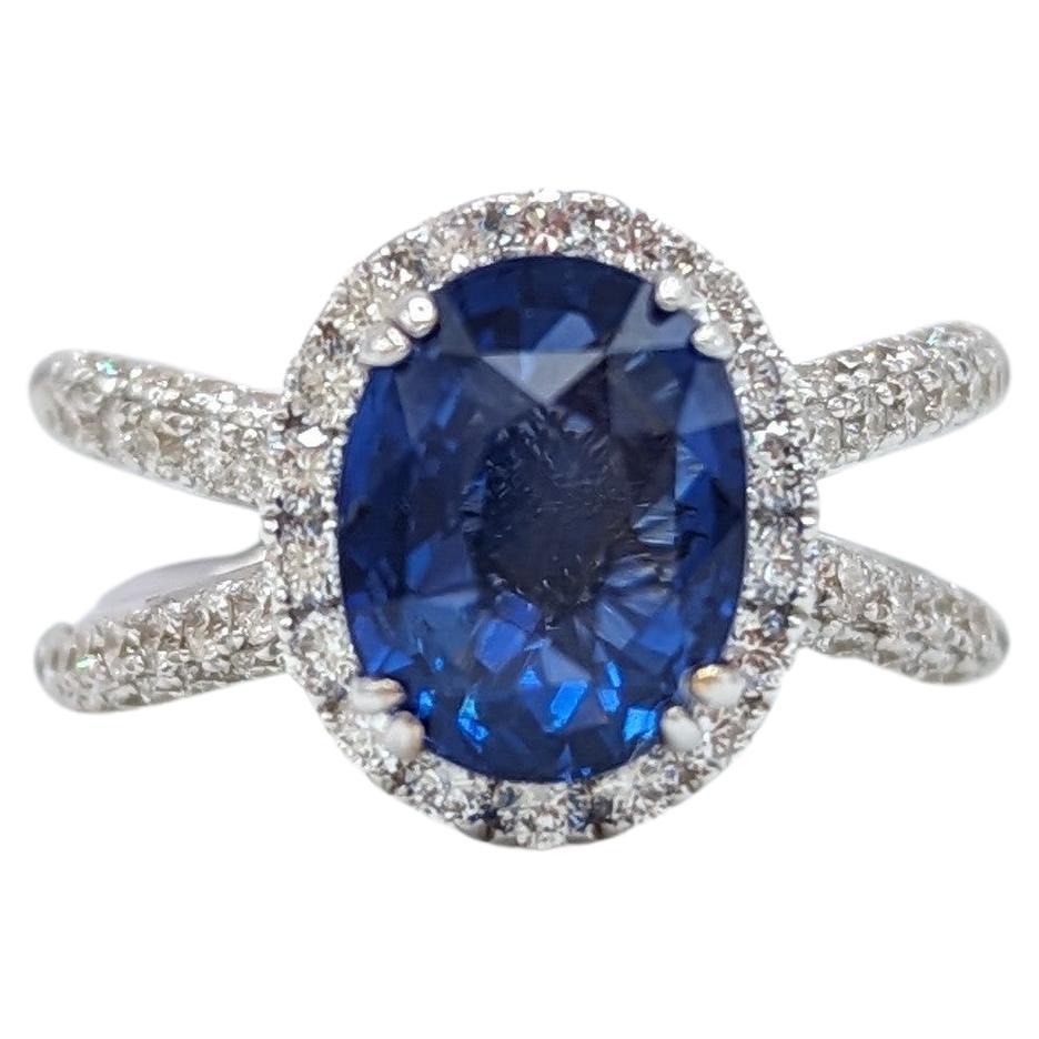 GIA Heated Blue Sapphire Oval and White Diamond Cocktail Ring in 18K White Gold