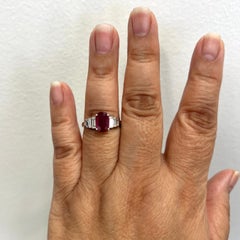 GIA Heated Burma Ruby Oval and Baguette Diamond Ring in Platinum