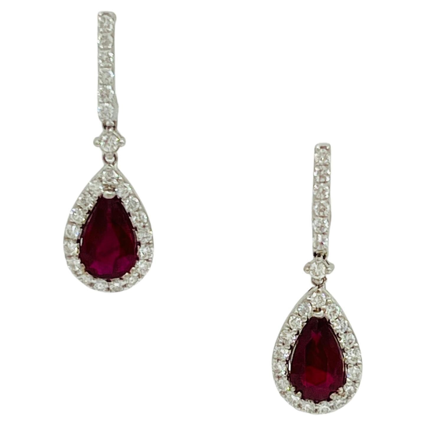 GIA Heated Mozambique Ruby Pear and Diamond Dangle Earrings in 18K White Gold