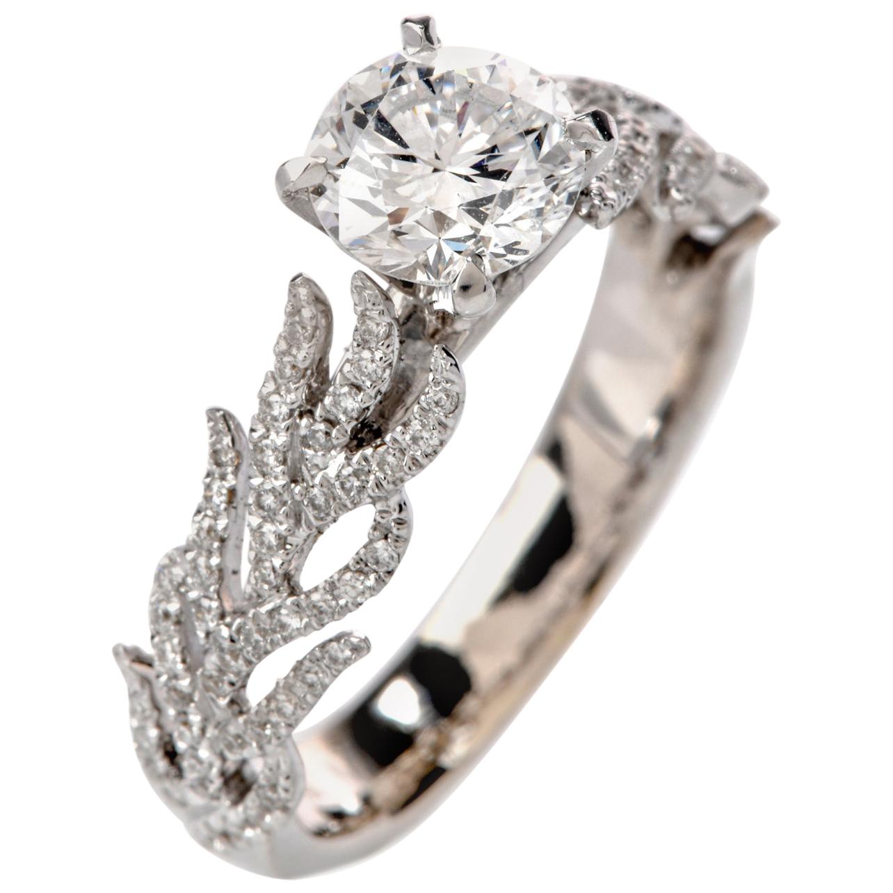GIA Hidalgo Round Diamond 18 Karat Gold Fire Flame Band Engagement Ring