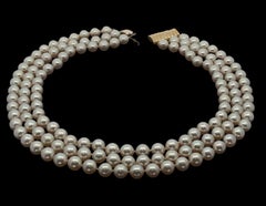 GIA High Quality 7.96-8.49mm Akoya Pearl 3 Strand 16" Necklace 14k Gold Clasp