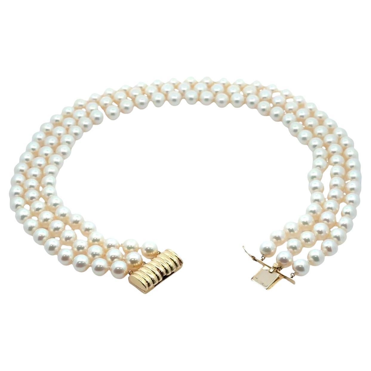 GIA High Quality 7.96-8.49mm Akoya Pearl 3 Strand 16" Necklace 14k Gold Clasp For Sale