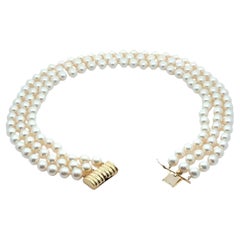 GIA High Quality 7.96-8.49mm Akoya Pearl 3 Strand 16" Necklace 14k Gold Clasp