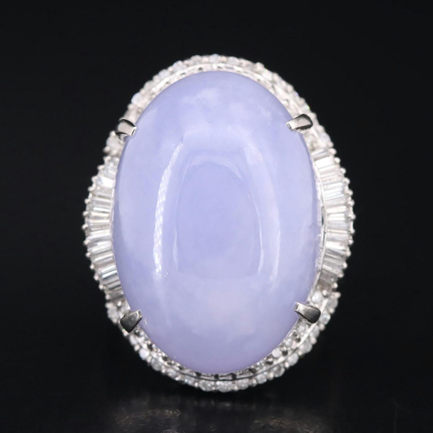 Oval Cut GIA Huge Natural 32.76 CTW Lavender Jade PLATINUM & Diamond Ring Size 5.75 For Sale