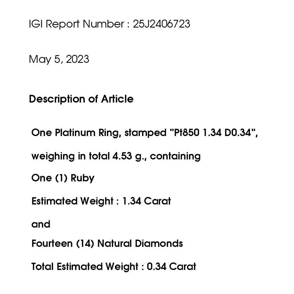 Anillo de platino con rubí tailandés certificado por GIA e IGI de 1,34 ct y diamantes naturales de 0,34 ct en venta 5