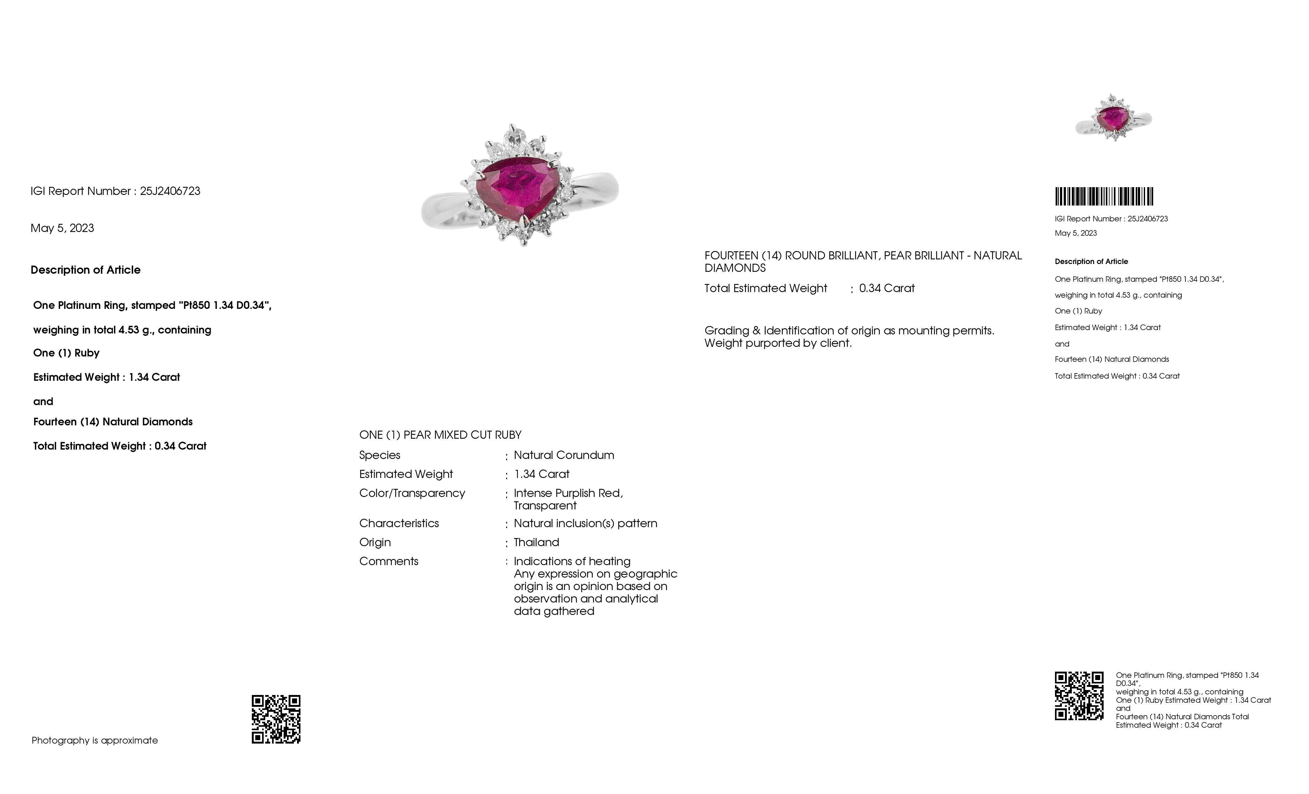 Anillo de platino con rubí tailandés certificado por GIA e IGI de 1,34 ct y diamantes naturales de 0,34 ct en Nuevo estado para la venta en Hong Kong, HK