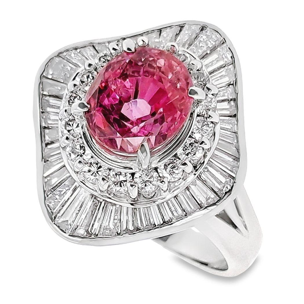 GIA & IGI Certified 2.65ct Pink Sapphire 1.23ct Natural Diamonds Platinum Ring For Sale 1