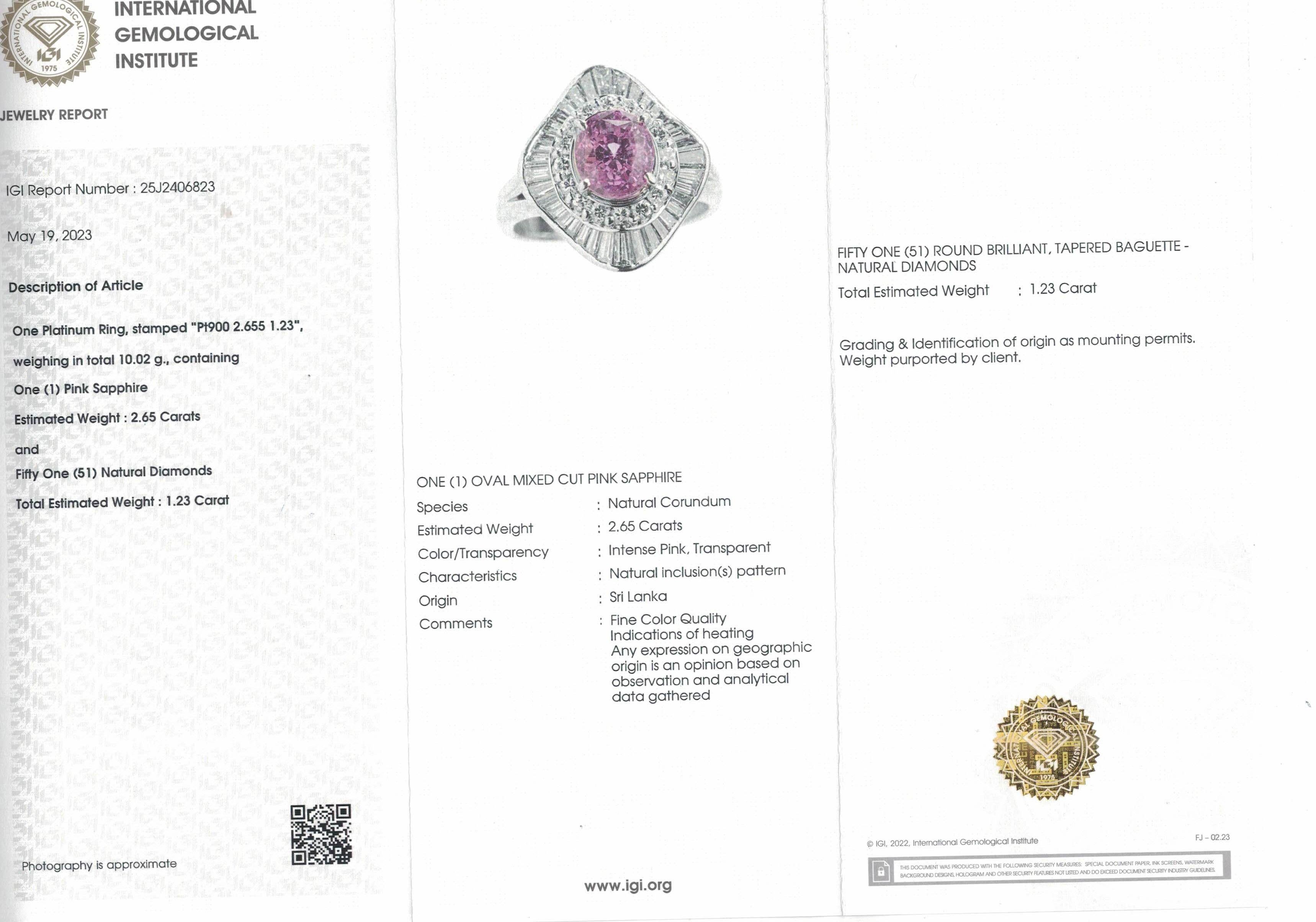 GIA & IGI Certified 2.65ct Pink Sapphire 1.23ct Natural Diamonds Platinum Ring For Sale 3
