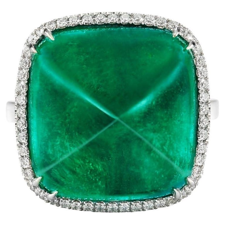 GIA IGI Certified 30 Carat Sugarloaf Emerald Diamond Platinum Ring For Sale