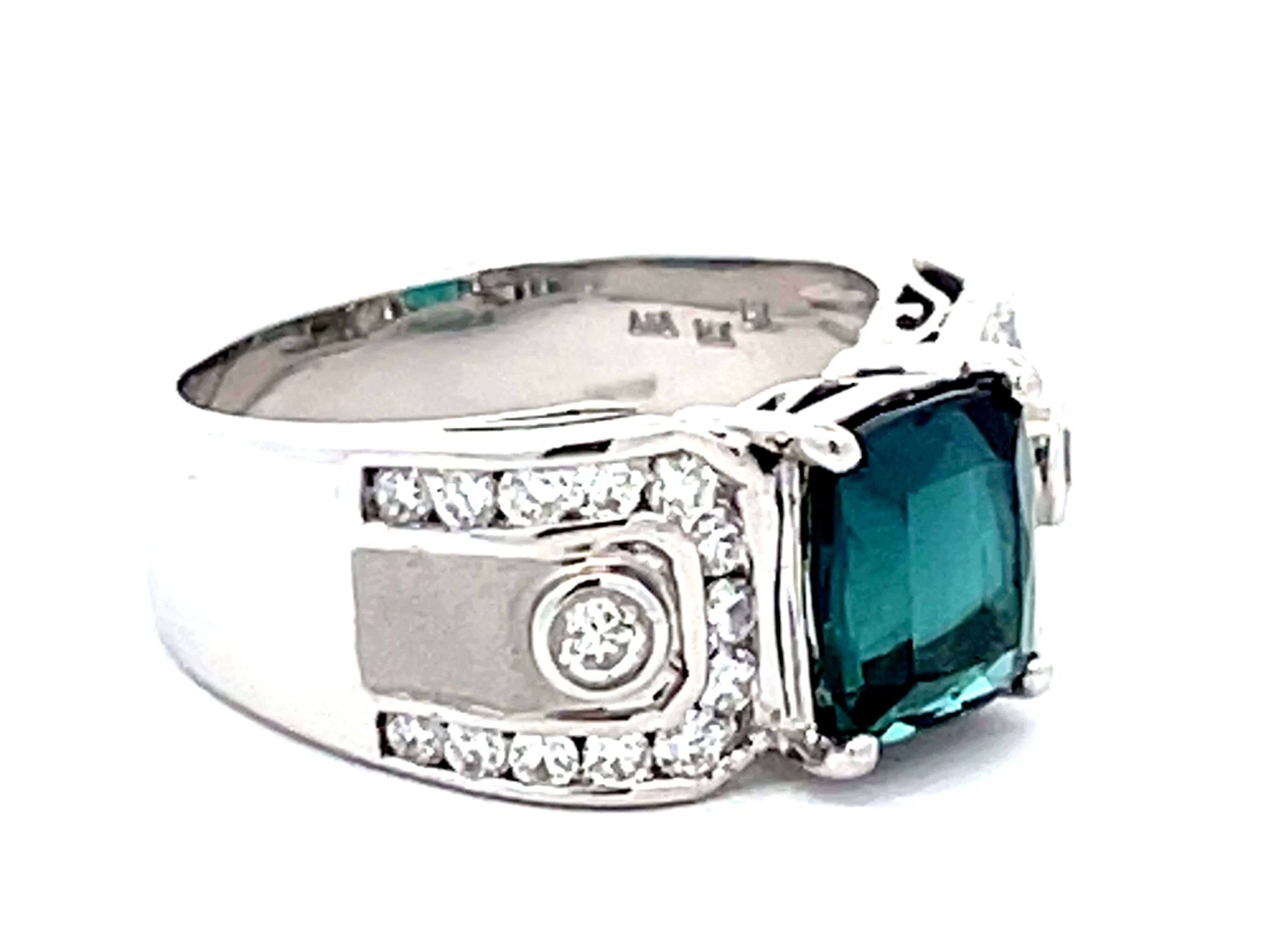 Cushion Cut GIA Indicolite Tourmaline and Diamond Ring 14k White Gold For Sale