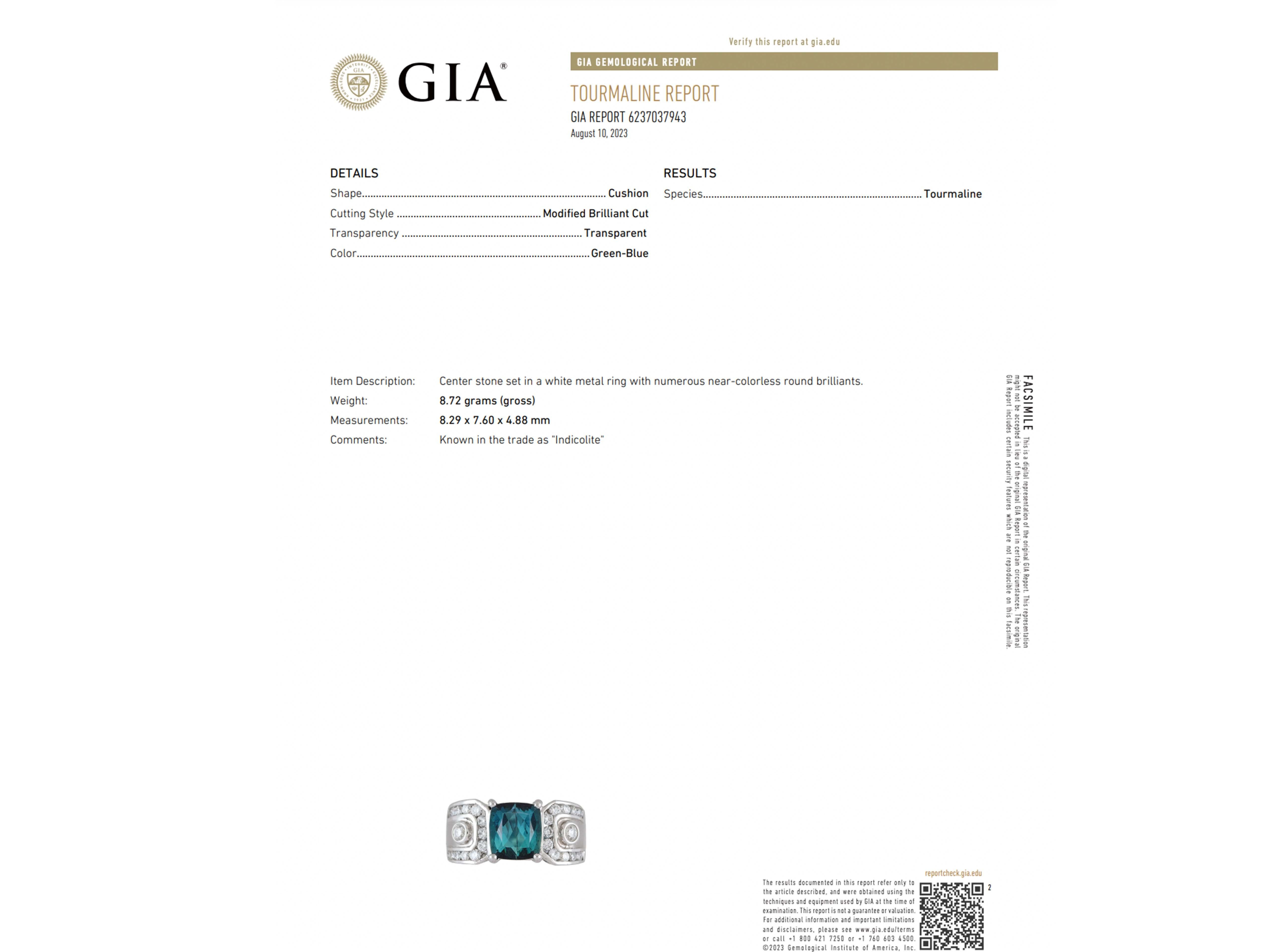 GIA Indicolite Tourmaline and Diamond Ring 14k White Gold For Sale 3