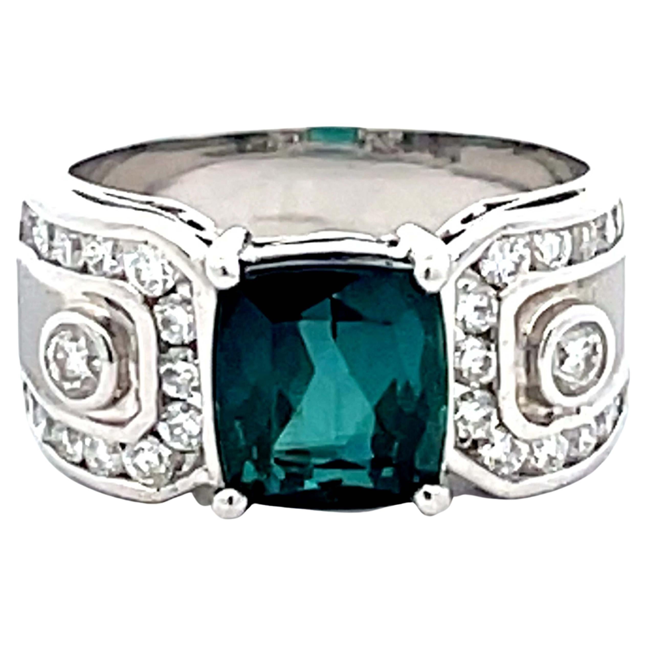 GIA Indicolite Tourmaline and Diamond Ring 14k White Gold