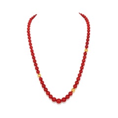 GIA Italian Oxblood Round Bead Coral Necklace with 18 Karat Yellow Gold Accents