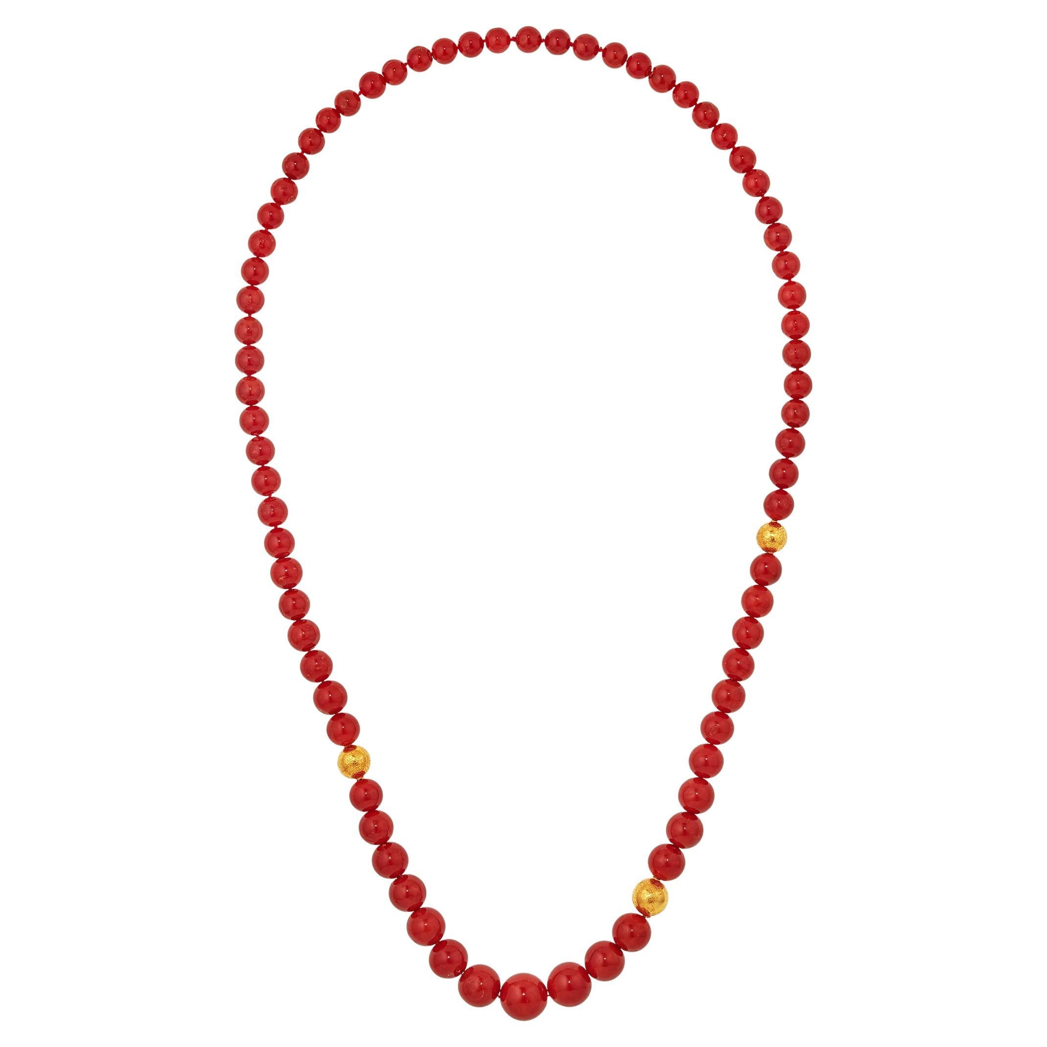 GIA Italian Oxblood Round Bead Coral Necklace with 18 Karat Yellow Gold Accents For Sale